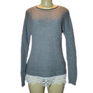 ˚˖𓍢ִ໋🌷͙֒Hippie Rose Fairycore Cutout White Lace Trim Bottom Knit Gray Sweater